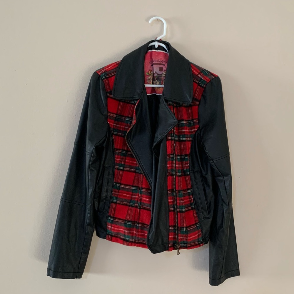 Faux Leather and Plaid Moto Jacket